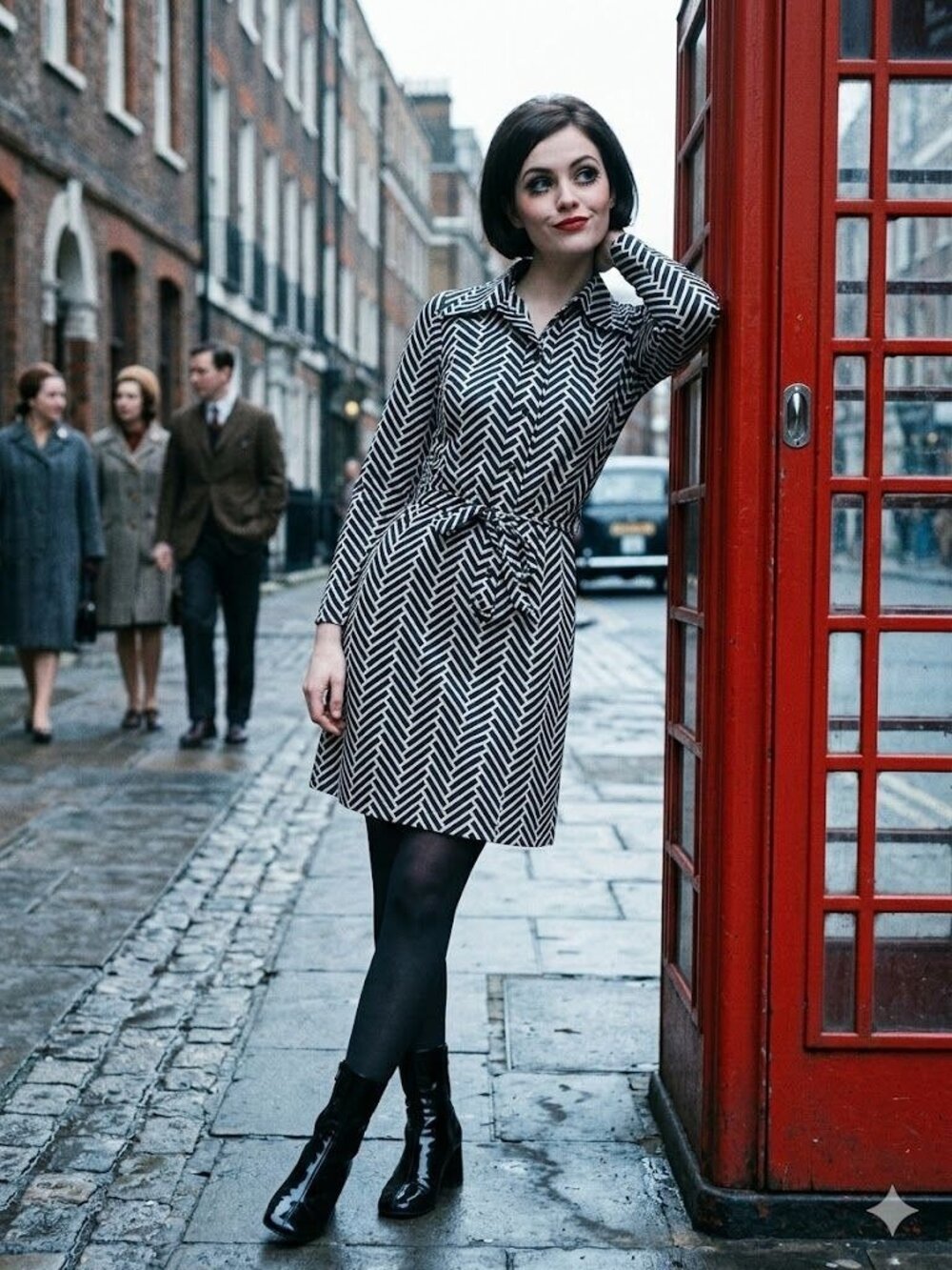Vintage 1970s Shirt Dress Black White Herringbone Belted Disco Midi Workwear 8